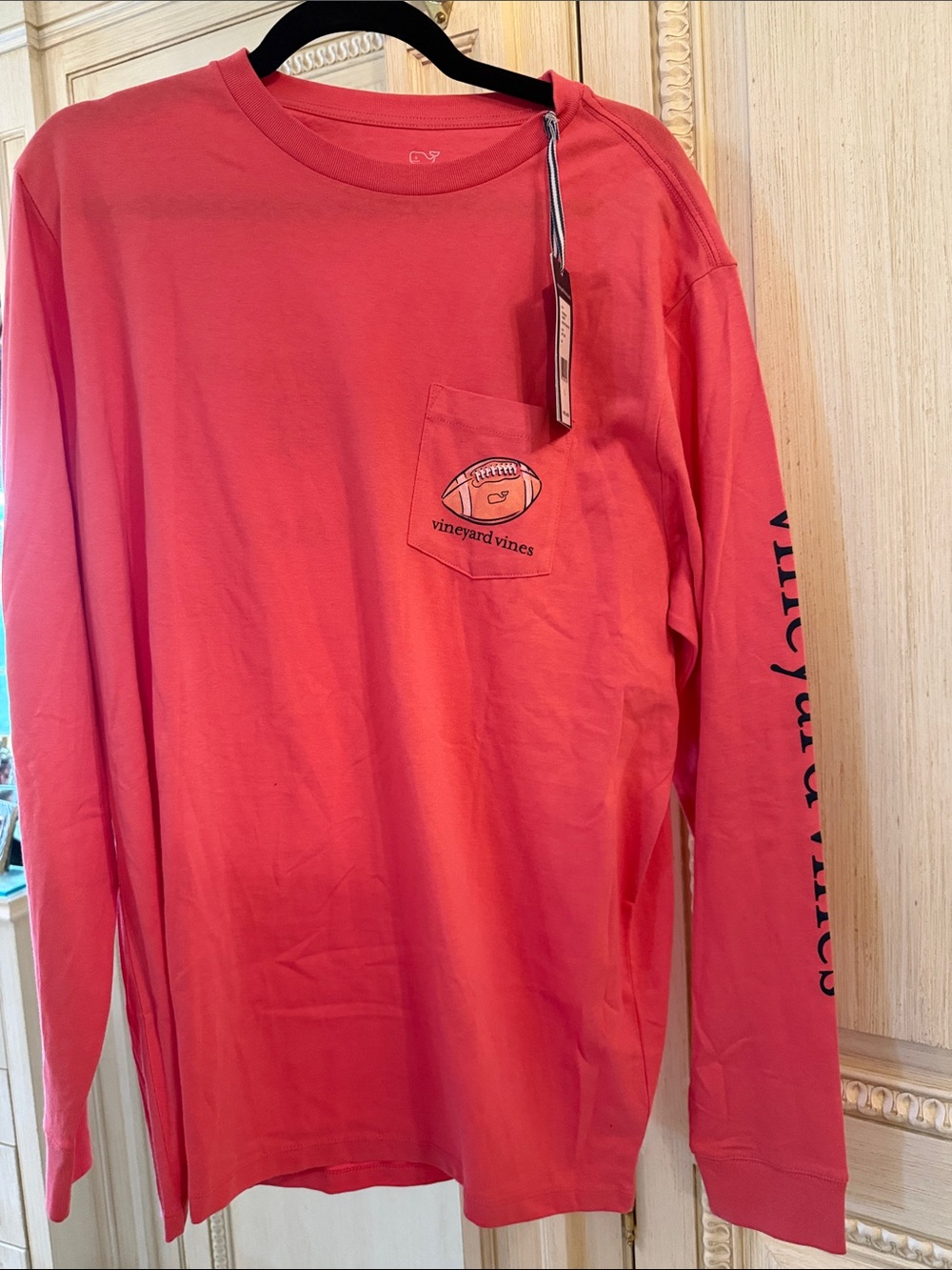 Vineyard Vines Coral Long-Sleeve Pocket Tee with Football Graphic